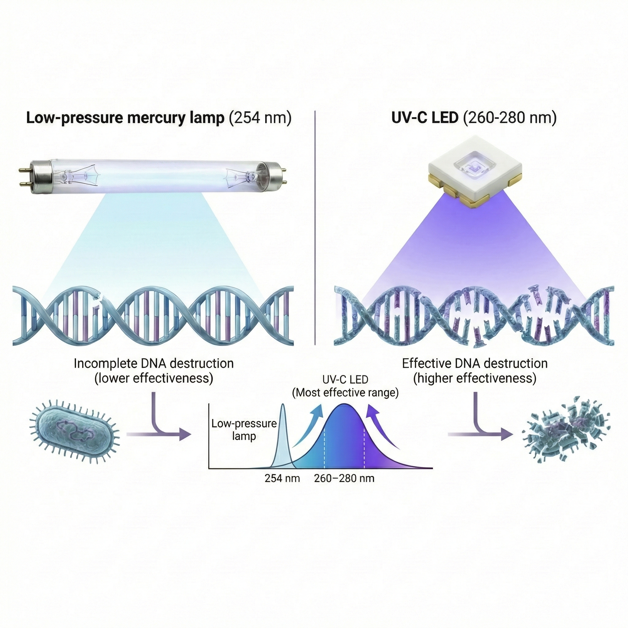 Wavelength comparison UV-C lamp vs. UV-C LED