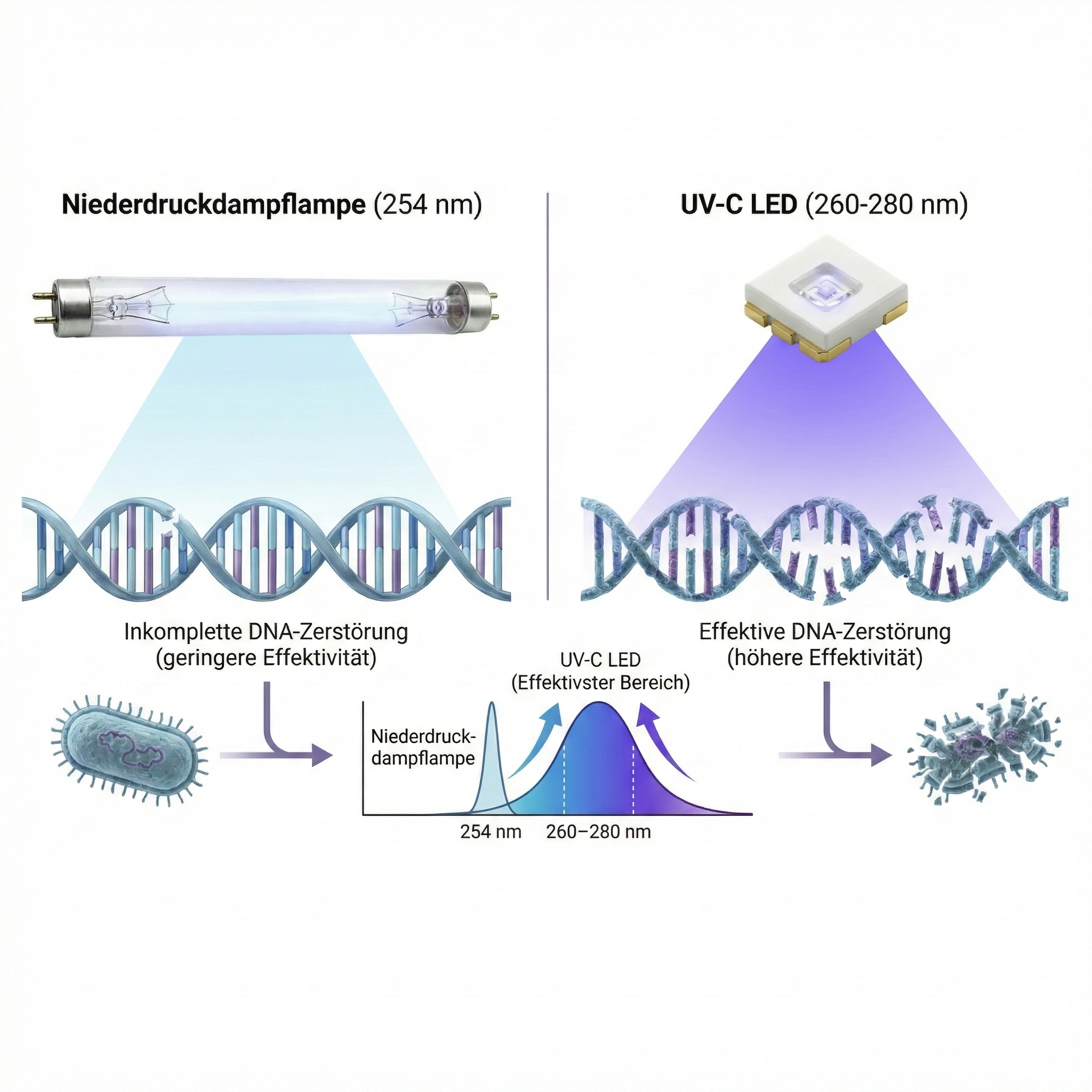 Wavelength comparison UV-C lamp vs. UV-C LED